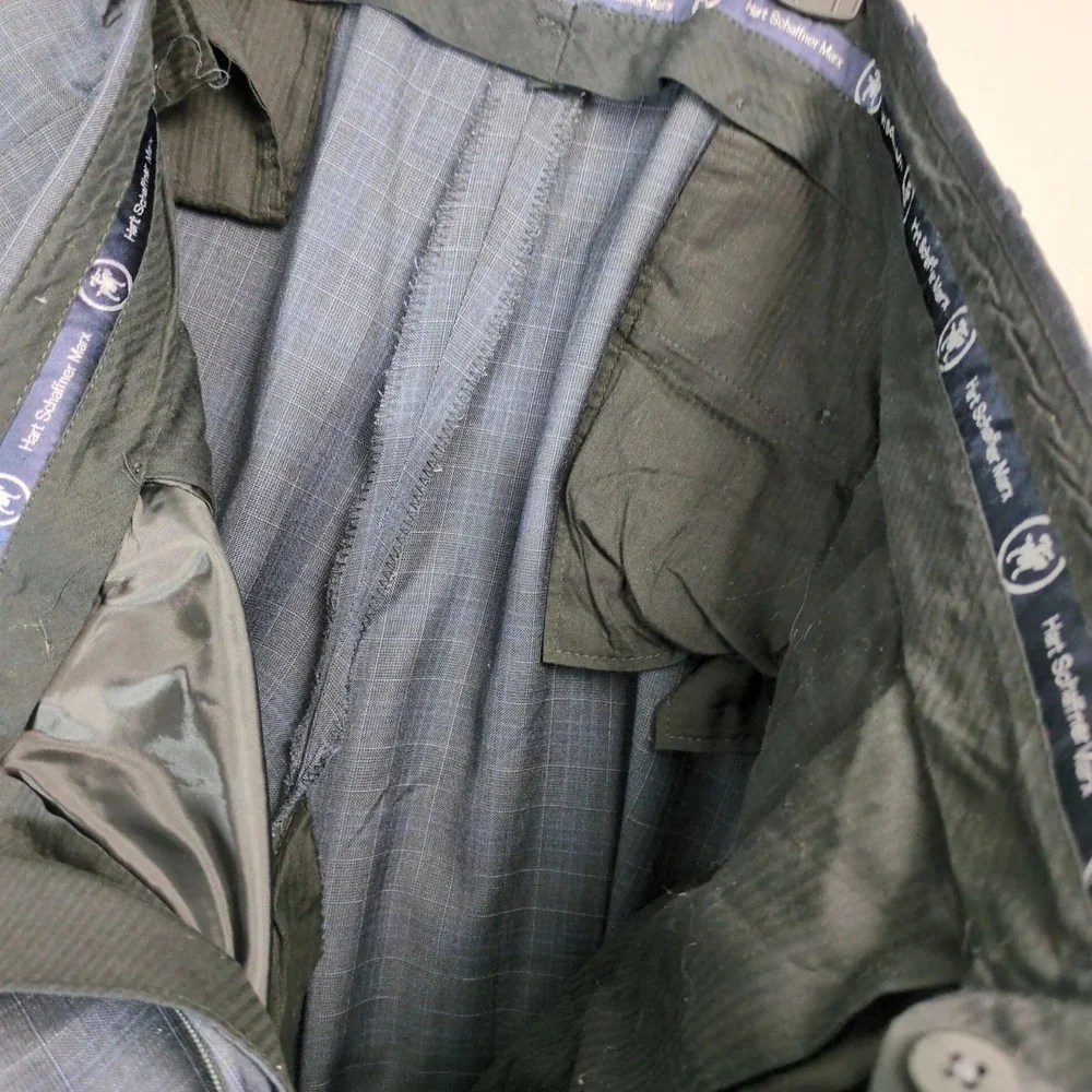 Vintage Hart Schaffner Marx Navy Windowpane 2pc Suit Mens 44R Jacket 39x28 Pants